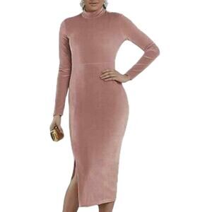 ASHRO Velour Stretchy Midi Blush Pink Dress Mock Neck Office Dinner Party Guest